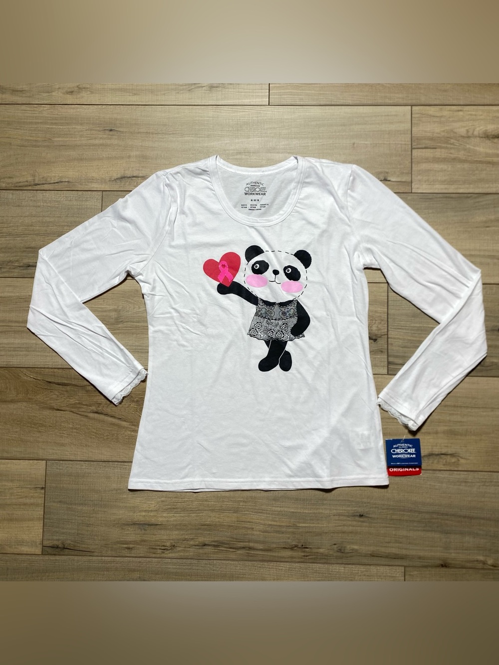 Cherokee Workwear Womens Underscrub Little Miss Panda Long Sleeve Tee M White